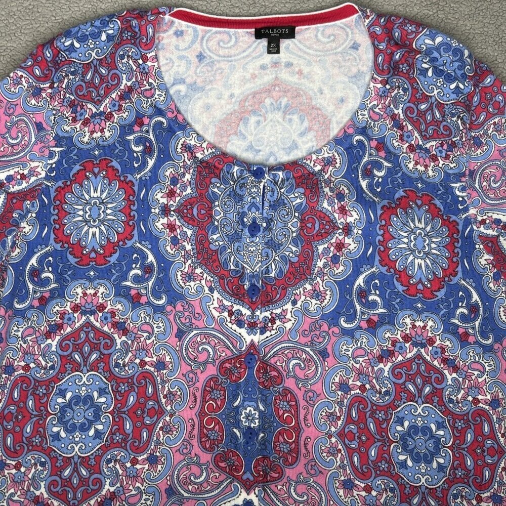 Talbots Cardigan Sweater 2X Lightweight Button Geometric Scrolls Office Church